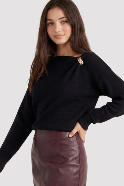 Gilded Elegance Gold Accent Boat Neck Sweater