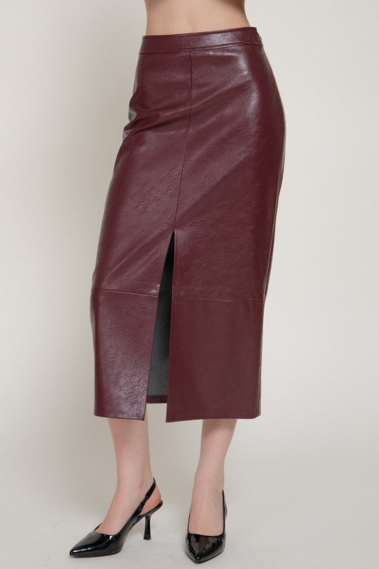 Sloane Textured Faux Leather Front Slit Midi Skirt