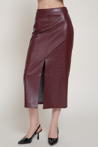 Sloane Textured Faux Leather Front Slit Midi Skirt