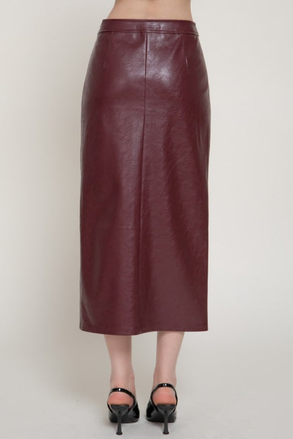 Sloane Textured Faux Leather Front Slit Midi Skirt