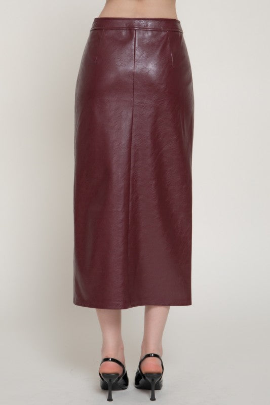 Sloane Textured Faux Leather Front Slit Midi Skirt