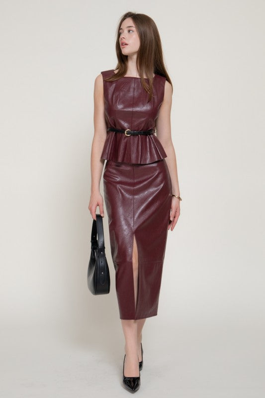 Sloane Textured Faux Leather Front Slit Midi Skirt