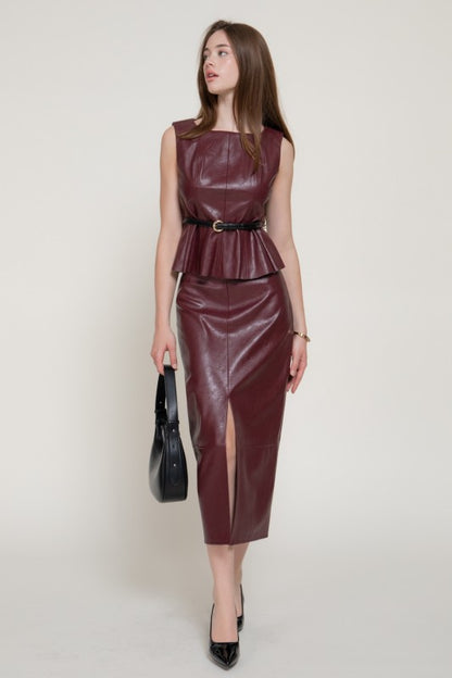 Sloane Textured Faux Leather Front Slit Midi Skirt