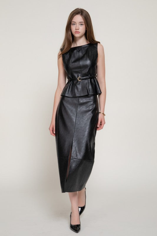 Sloane Textured Faux Leather Front Slit Midi Skirt