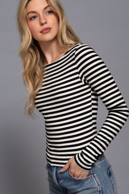 Everyday Chic Striped Boat Neck Ribbed Top