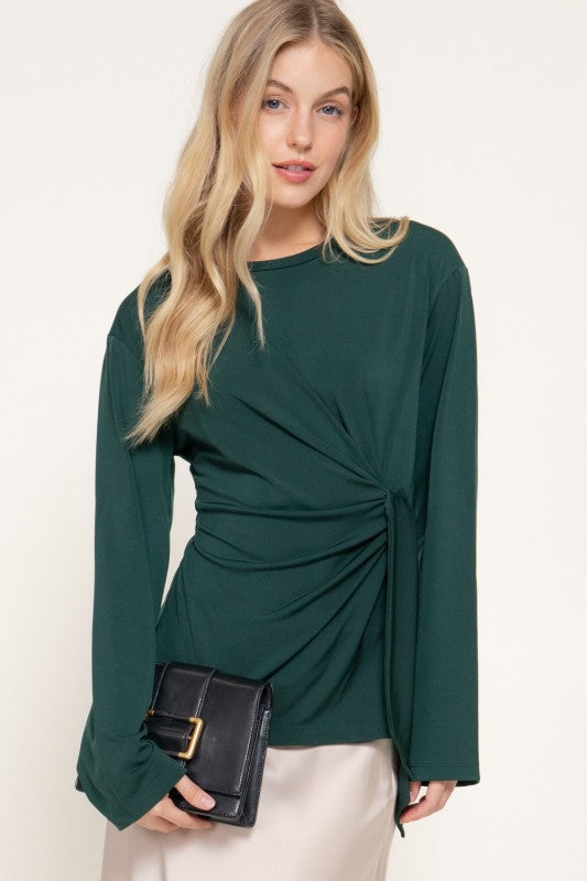 Evergreen Elegance Ruched Side Tie Knit Top