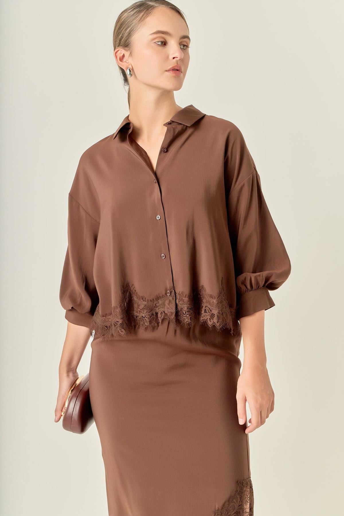 English Factory Lace Hem Button-Up Blouse
