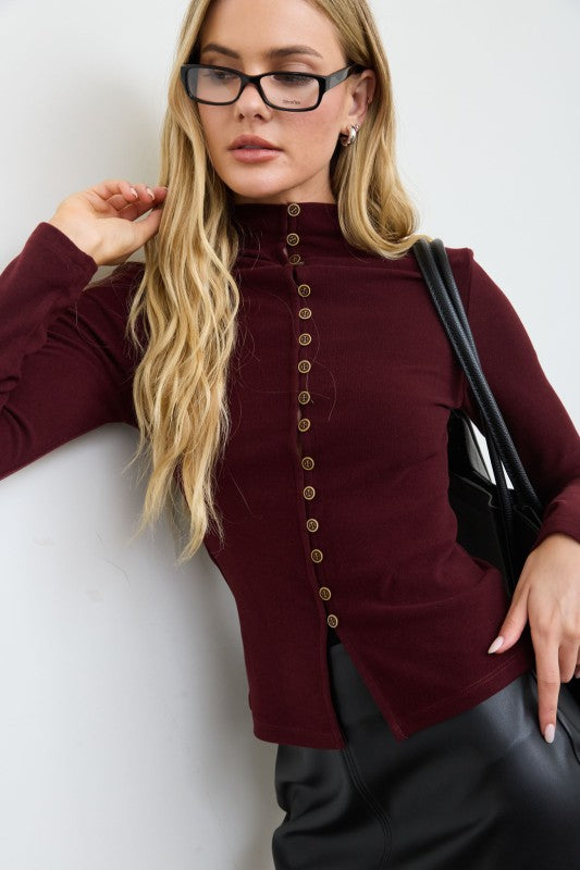 The Harper Gold Button Mock Neck Top