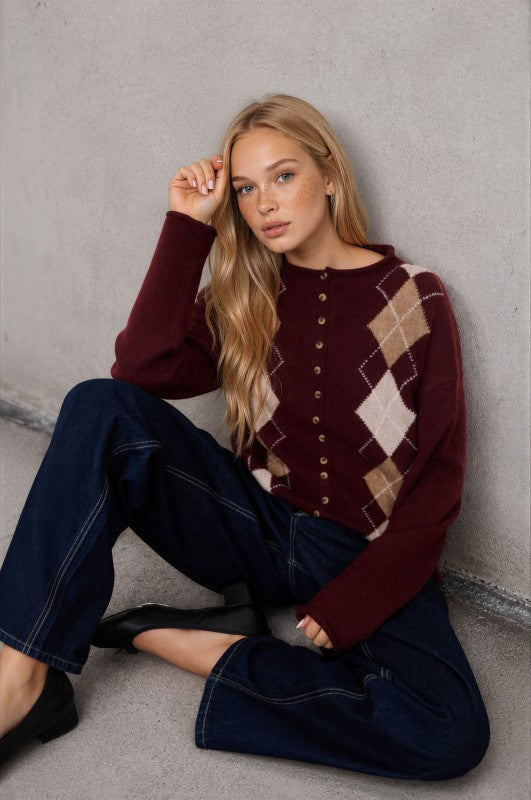 The Hadley Argyle Mock Neck Button-Down Cardigan