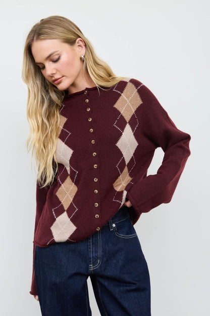 The Hadley Argyle Mock Neck Button-Down Cardigan