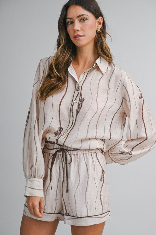 Sandstone Chic Wavy Stripe Button Down Top