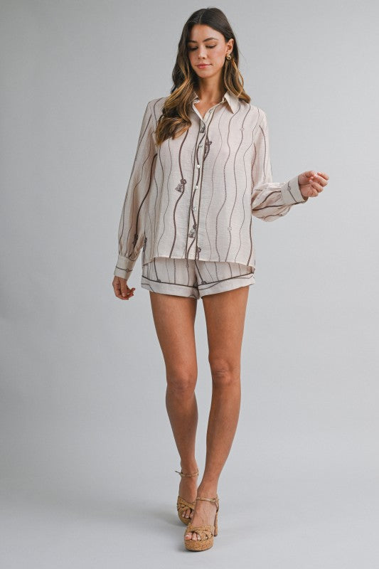 Sandstone Chic Wavy Stripe Button Down Top