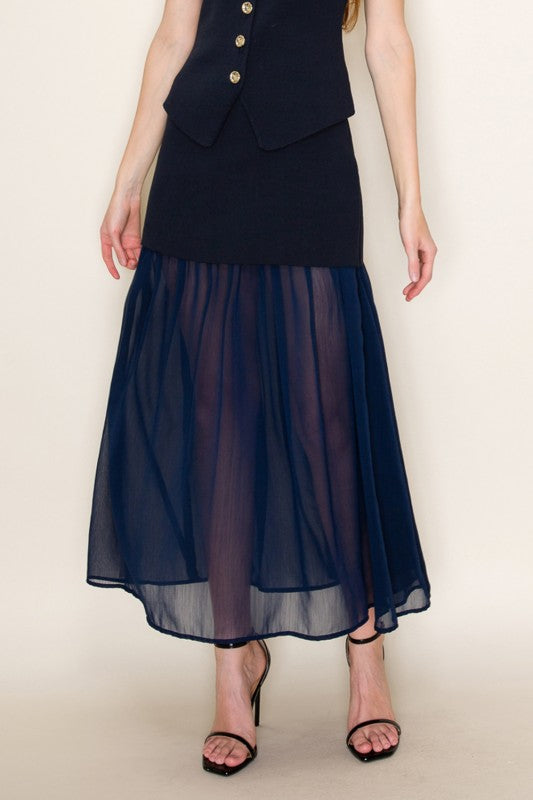 Midnight Harbor Knit Chiffon Midi Skirt
