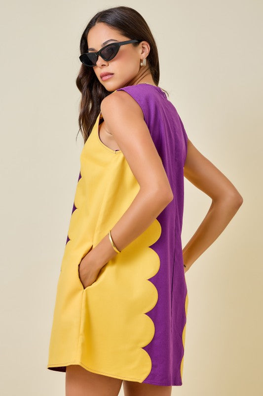 Purple & Gold Scallop Panel Shift Dress