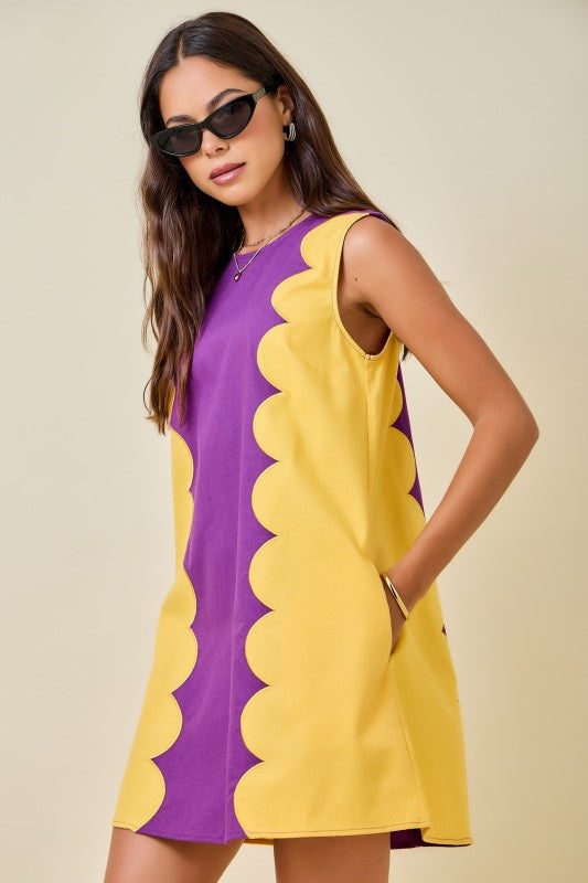 Purple & Gold Scallop Panel Shift Dress