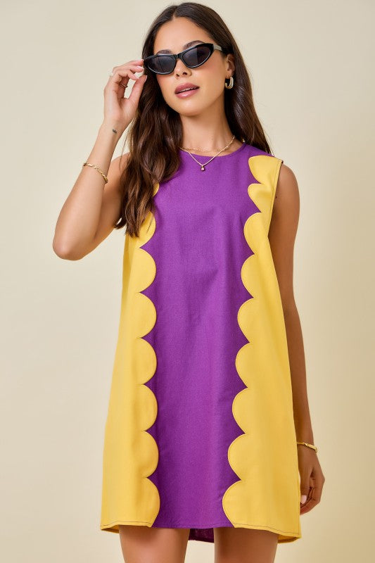 Purple & Gold Scallop Panel Shift Dress