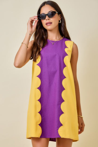 Purple & Gold Scallop Panel Shift Dress