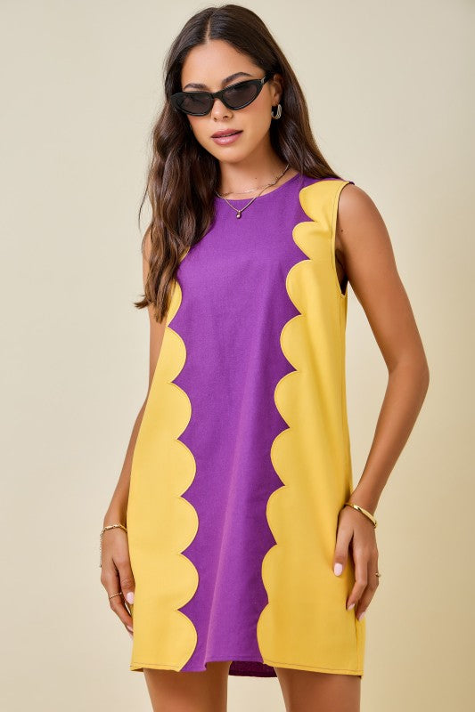 Purple & Gold Scallop Panel Shift Dress