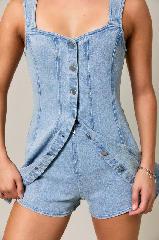 Buttoned Denim Romper Dress