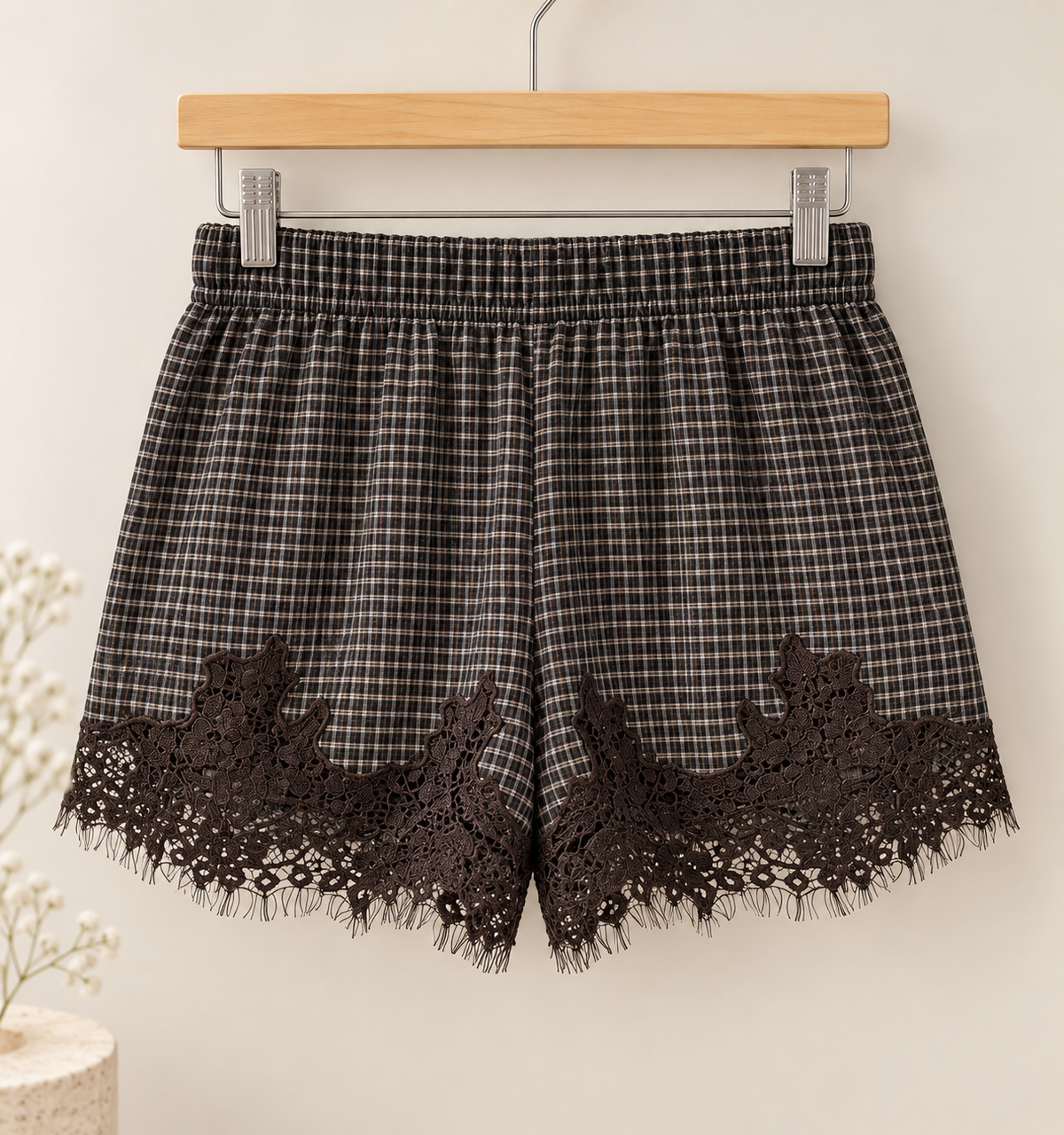 Fireside Plaid Lace Trim Shorts