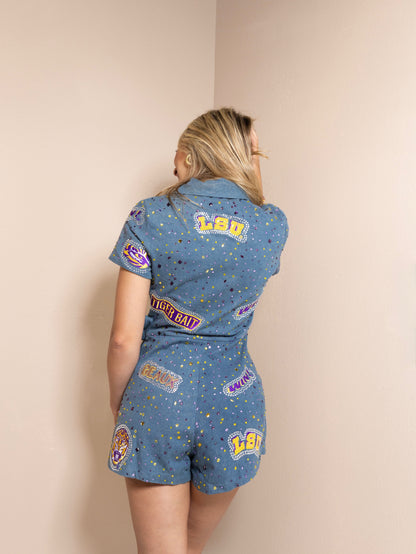 QOS Licensed LSU Denim Multi Rhinestone Scattered Logo Tie Romper