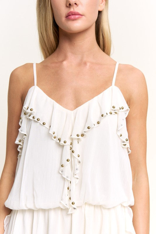Studded Cascade Ruffle Mini Dress