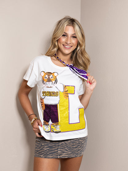 QOS Licensed LSU Mascot Leaning on Letter Tee