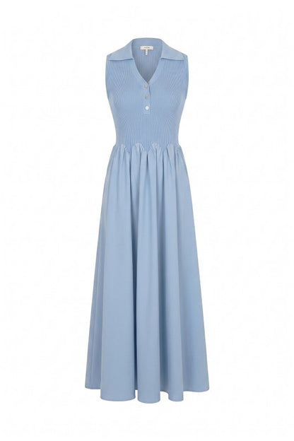 Scallop Detail Knit Poplin Midi Dress