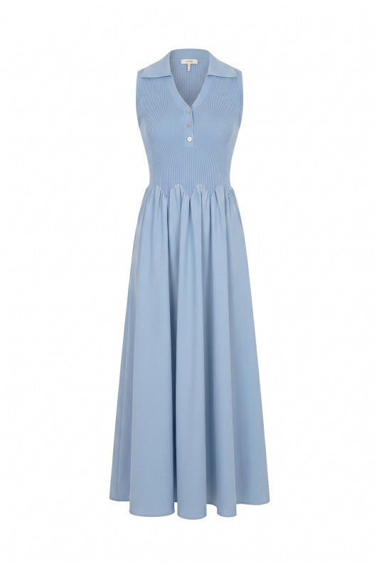 Scallop Detail Knit Poplin Midi Dress