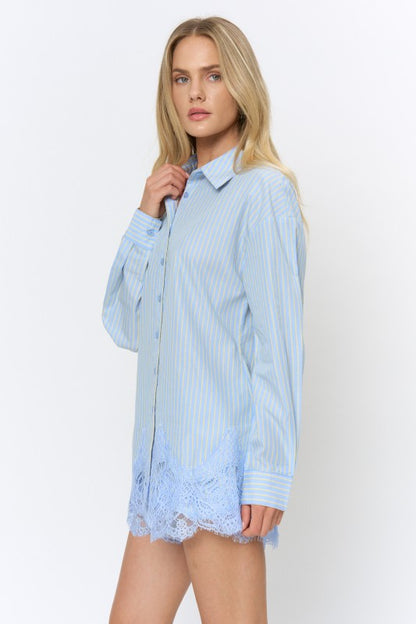 Pinstripe Lace Hem Button Down Blouse