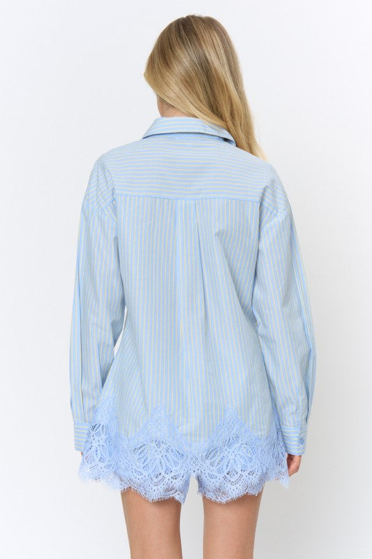 Pinstripe Lace Hem Button Down Blouse