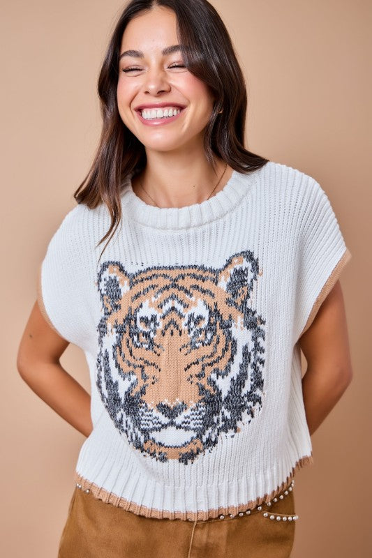 Game Day Tiger Intarsia Sweater Vest Top