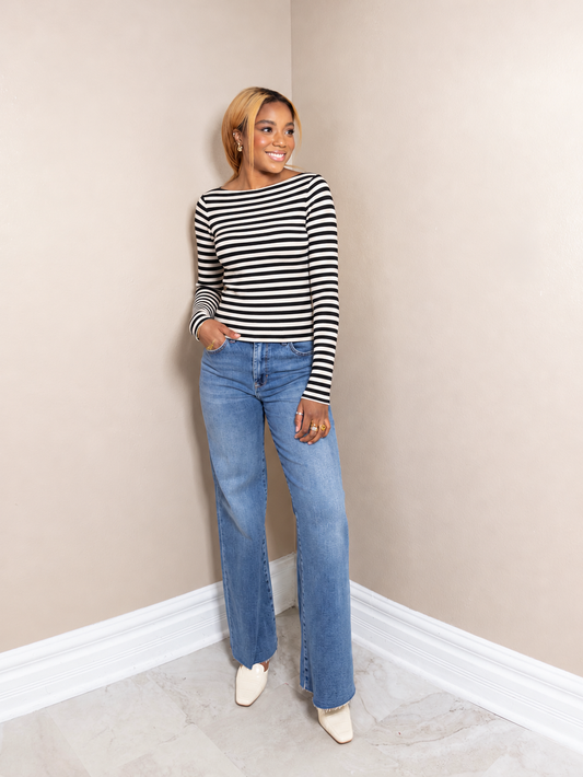 Everyday Chic Striped Boat Neck Ribbed Top