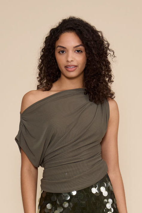 Benny Asymmetrical Draped Neck Sleeveless Mesh Top