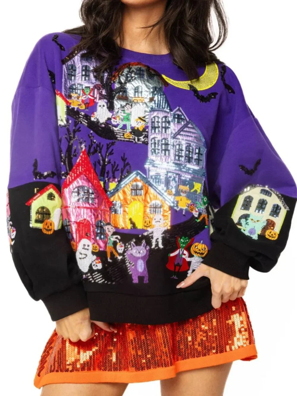 QOS Purple Trick Or Treat Halloween Scene Sweatshirt