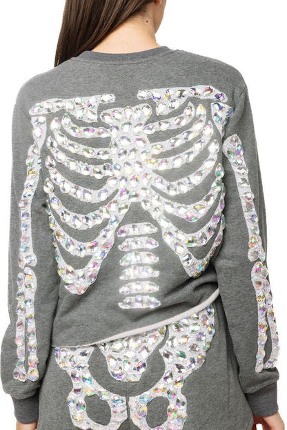 QOS Iridescent Jeweled Skeleton Sweatshirt