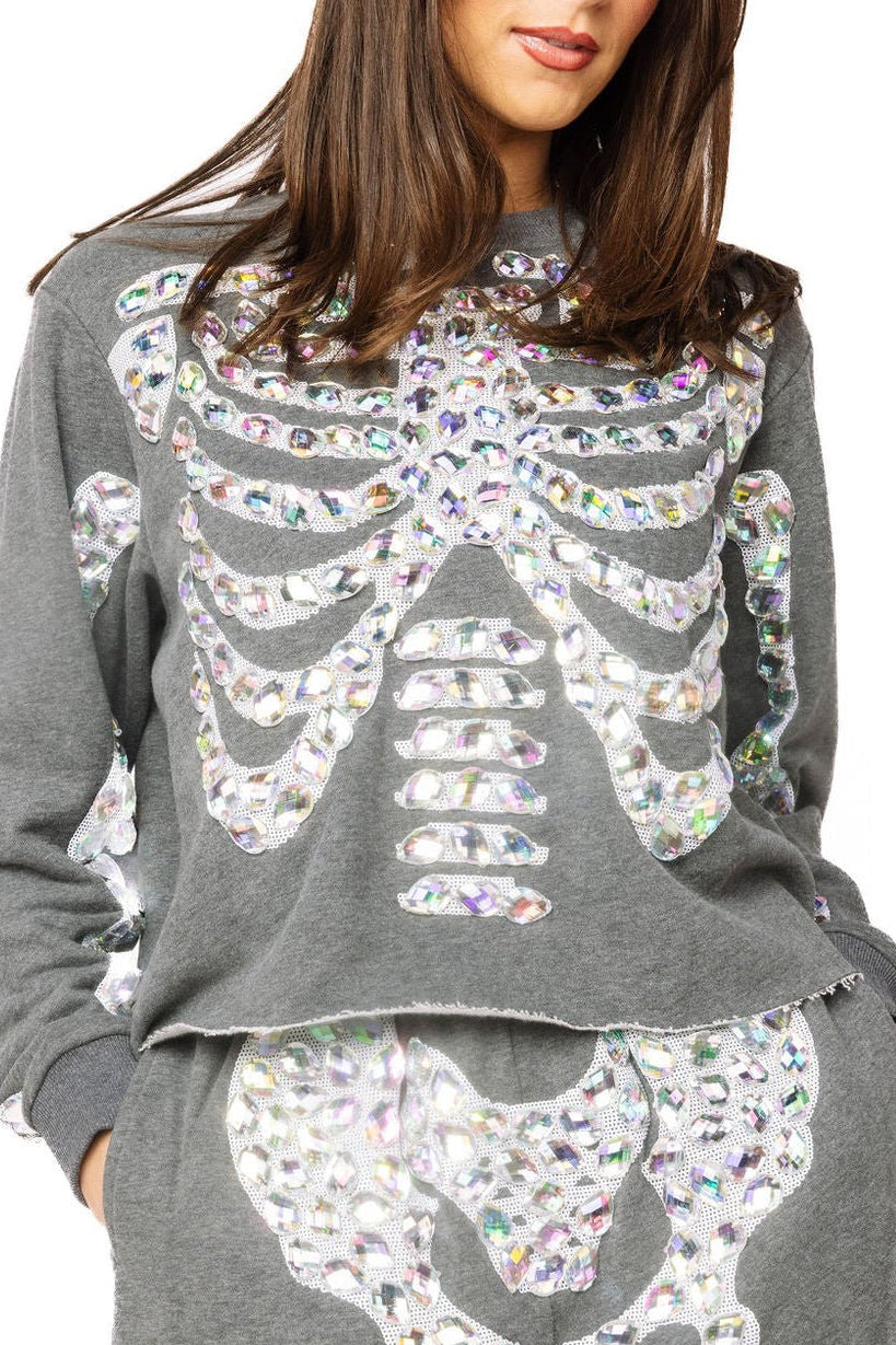 QOS Iridescent Jeweled Skeleton Sweatshirt