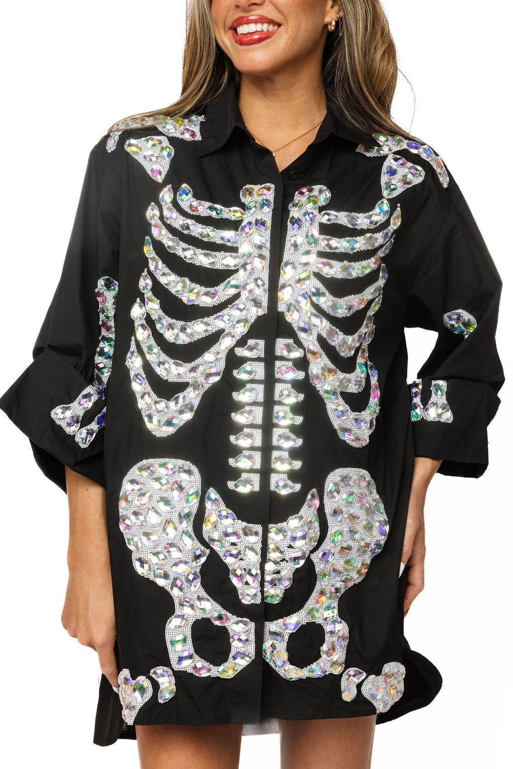 QOS Charcoal Iridescent Jeweled Skeleton Sweatshirt