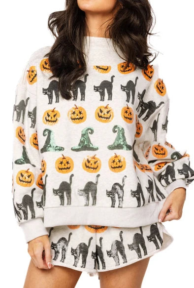 QOS Light Grey
Witch Hat, Pumpkin & Cat Mockneck Sweatshirt