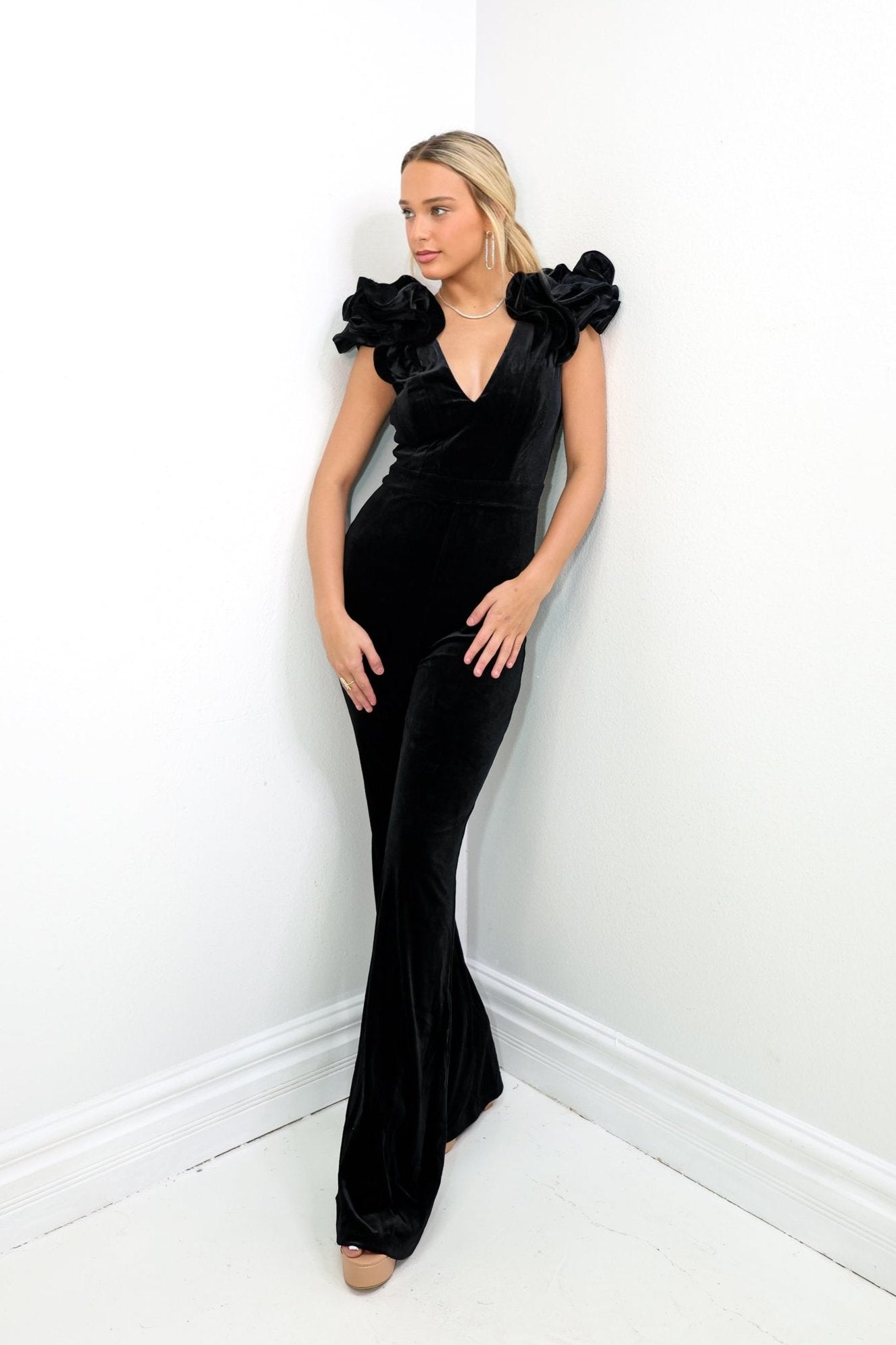 Lovin' Velvet Ruffle Shoulder Jumpsuit - Main Image