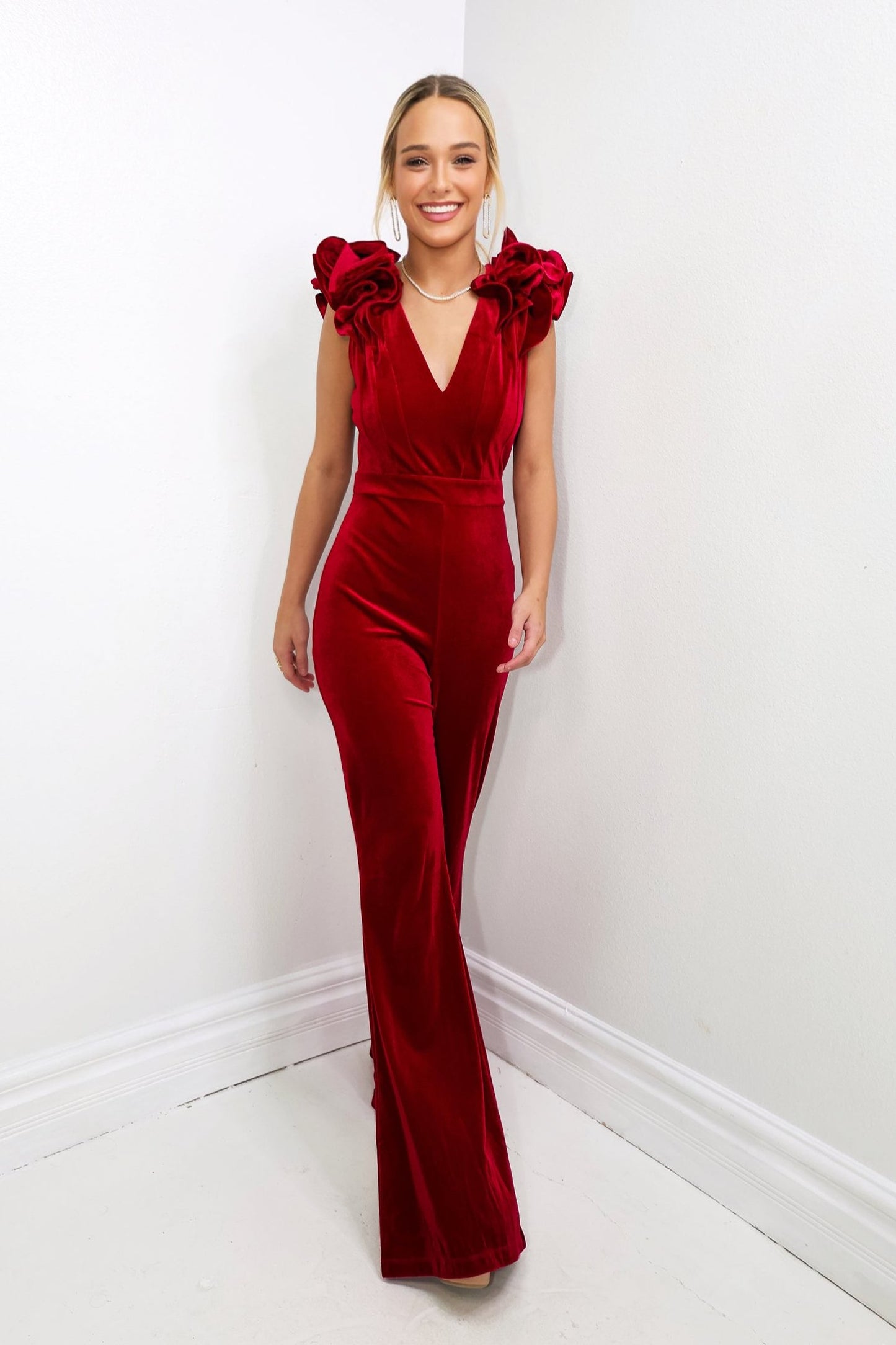 Lovin' Velvet Ruffle Shoulder Jumpsuit