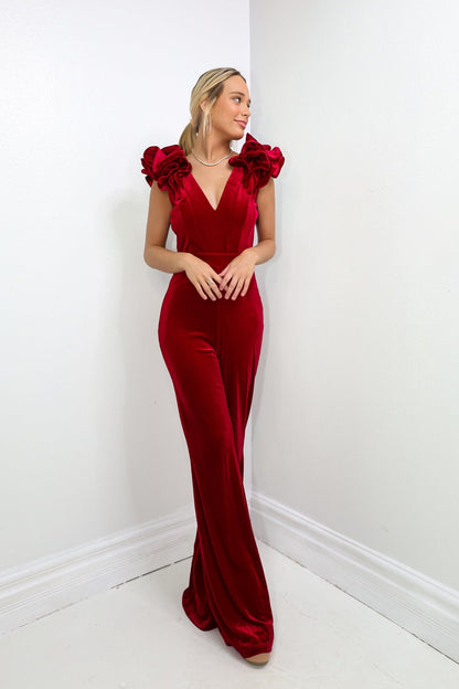 Lovin' Velvet Ruffle Shoulder Jumpsuit