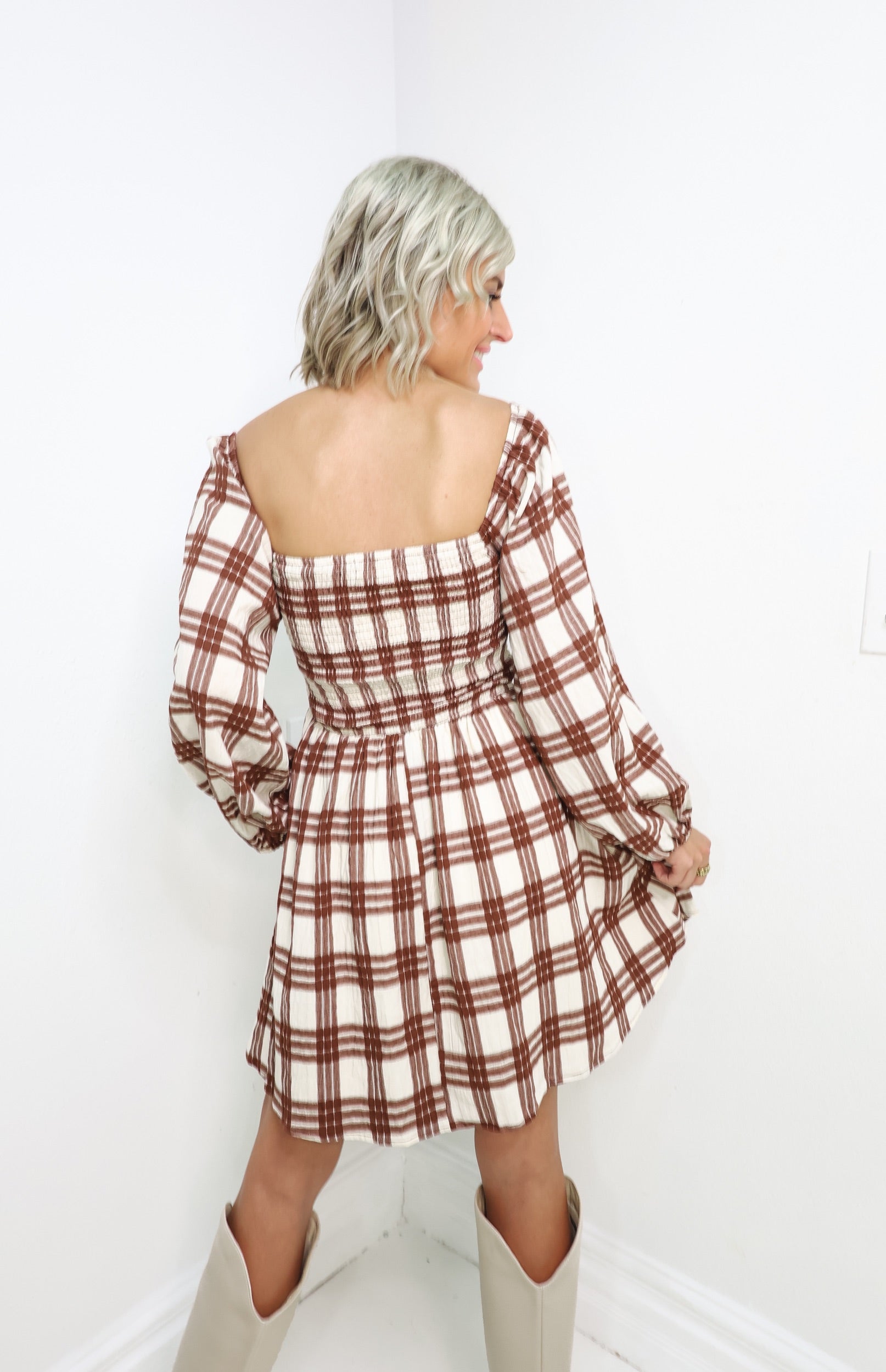 Cozy In Plaid Mini Dress Brown / Large (10/12) Cozy In Plaid Mini Dress Brown / Large (10/12)