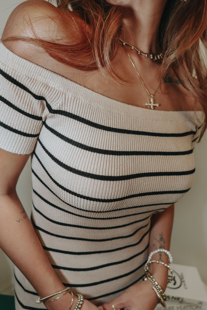 Striped Off Shoulder Sweater Midi Dress