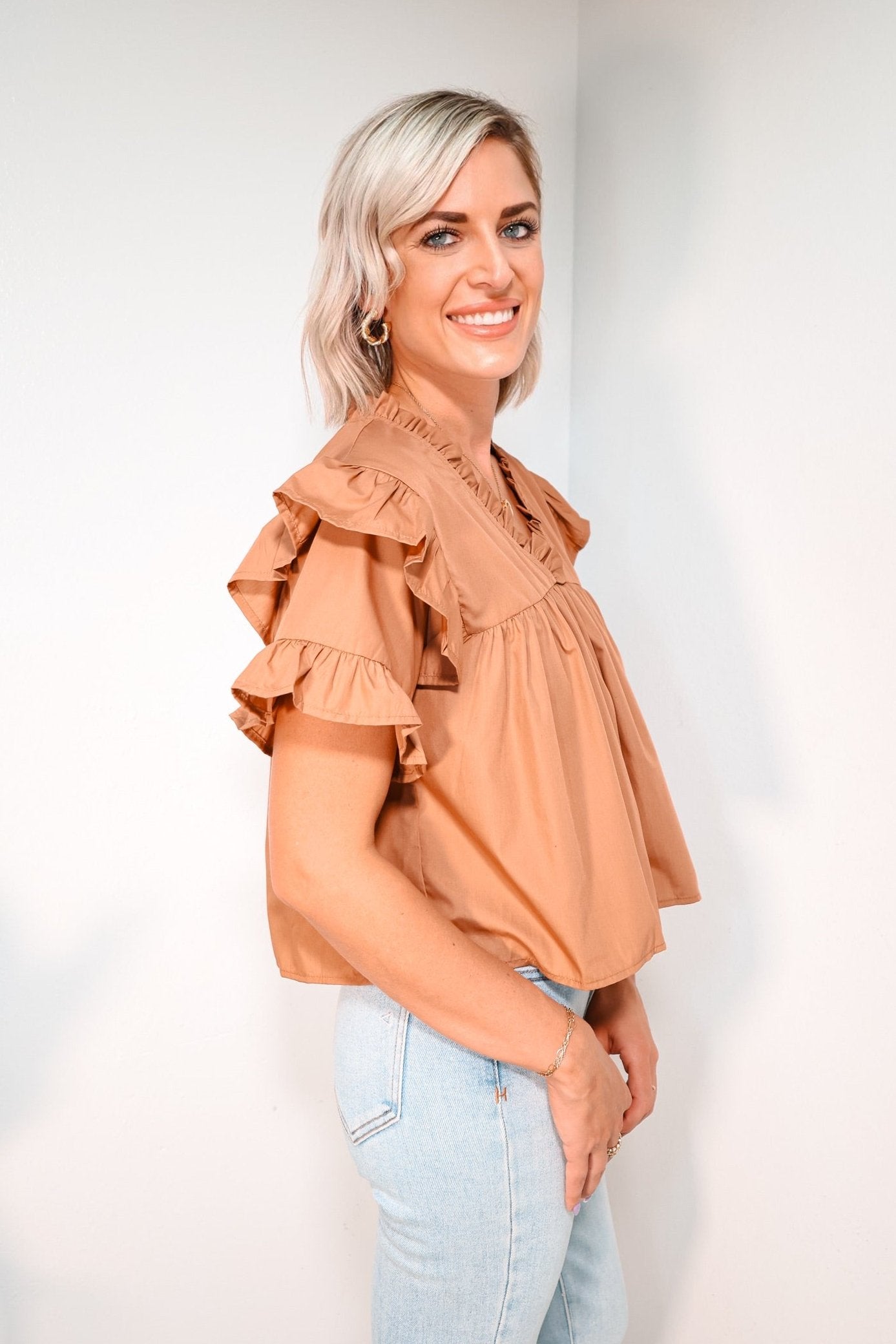 Coffee Time V-Neck Ruffle Top