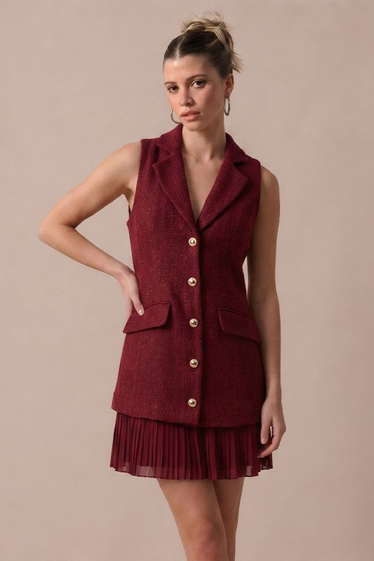 Vivienne Burgundy Tweed Pleated Mini Dress