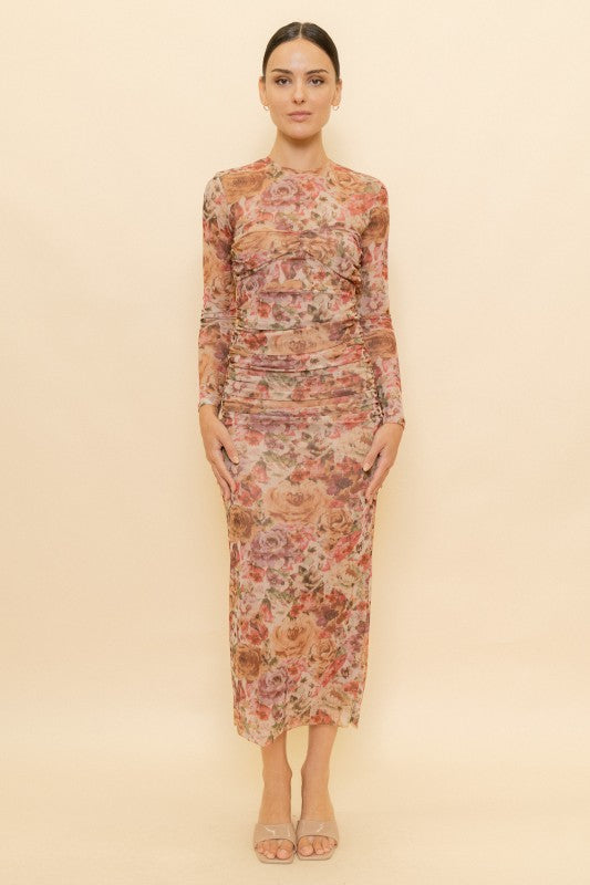 Rosalie Floral Ruched Mesh Maxi Dress