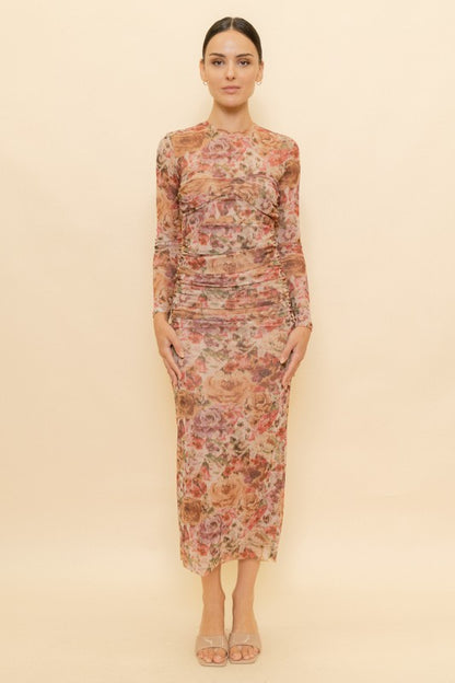 Rosalie Floral Ruched Mesh Maxi Dress