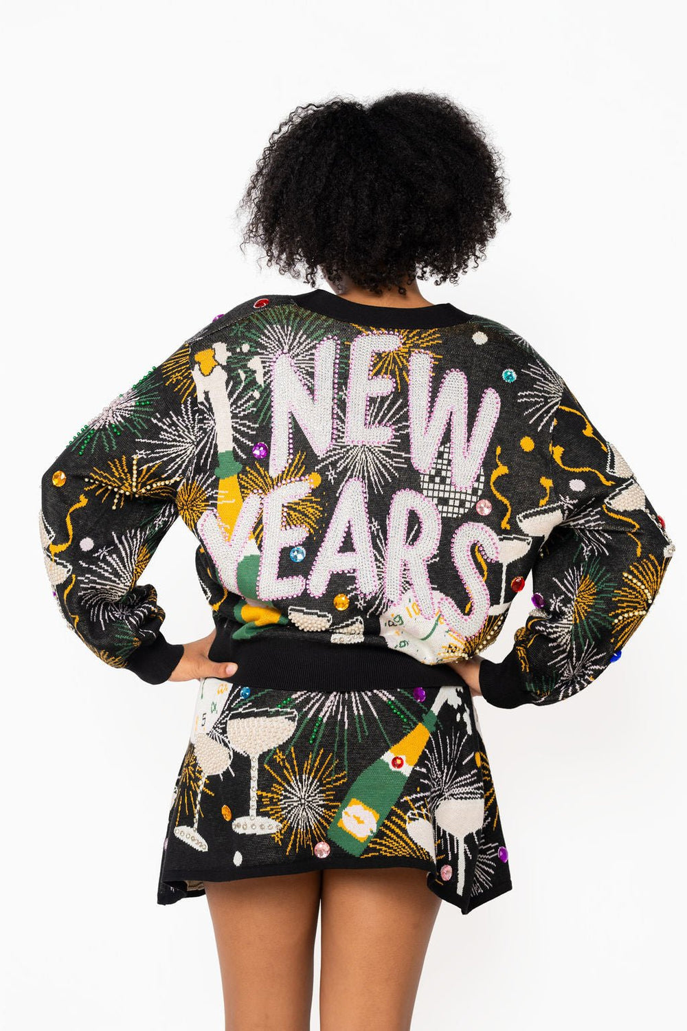 QOS Black ‘New Years’ Icon Button Up Cardigan