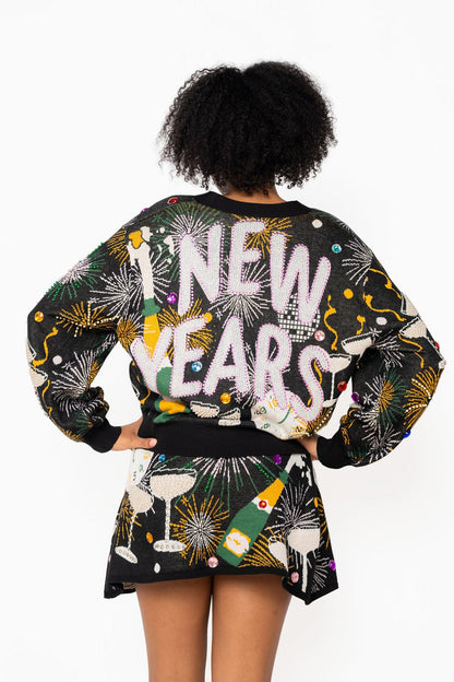 QOS Black ‘New Years’ Icon Button Up Cardigan